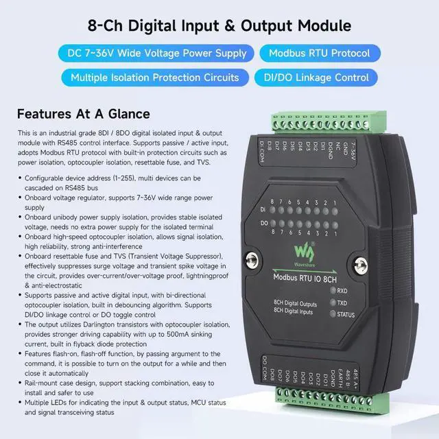 Alt view image 3 of 7 - Industrial 8-Ch Digital Input & Output Module, DC 7~36V Wide Voltage Power Supply, Modbus RTU Protocol, Multiple Isolation Protection Circuits, Rail-Mount Support