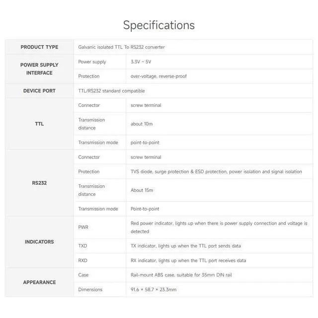 Alt view image 4 of 7 - Rail-Mount TTL to RS232 Galvanic Isolated Converter, Full-Duplex Communication, Lightningproof & Anti-Surge, Multi-Isolation Protection, TTL Serial Converter