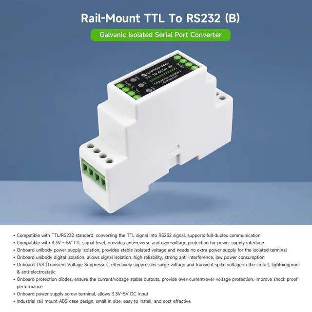 Alt view image 3 of 7 - Rail-Mount TTL to RS232 Galvanic Isolated Converter, Full-Duplex Communication, Lightningproof & Anti-Surge, Multi-Isolation Protection, TTL Serial Converter