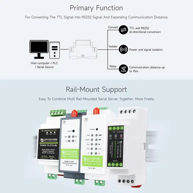 Alt view image 5 of 7 - Rail-Mount TTL to RS232 Galvanic Isolated Converter, Full-Duplex Communication, Lightningproof & Anti-Surge, Multi-Isolation Protection, TTL Serial Converter