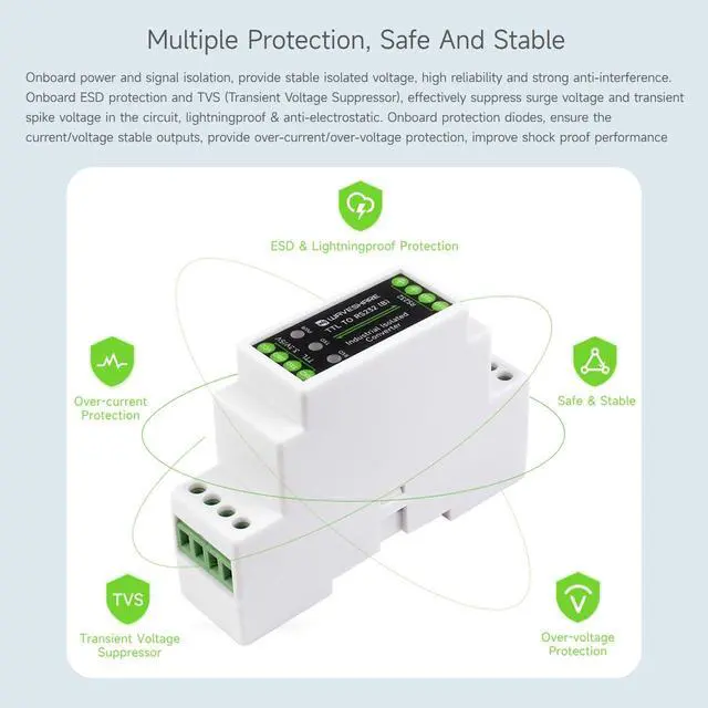 Alt view image 6 of 7 - Rail-Mount TTL to RS232 Galvanic Isolated Converter, Full-Duplex Communication, Lightningproof & Anti-Surge, Multi-Isolation Protection, TTL Serial Converter