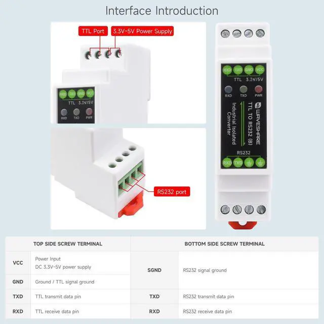Alt view image 7 of 7 - Rail-Mount TTL to RS232 Galvanic Isolated Converter, Full-Duplex Communication, Lightningproof & Anti-Surge, Multi-Isolation Protection, TTL Serial Converter