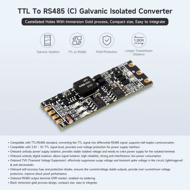 Alt view image 3 of 7 - TTL to RS485 (C) Galvanic Isolated Converter, Half-Duplex Communication, Lightningproof & Anti-Surge, Multi-Isolation Protection