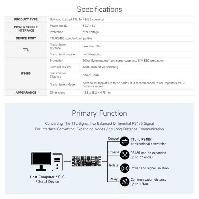 Alt view image 4 of 7 - TTL to RS485 (C) Galvanic Isolated Converter, Half-Duplex Communication, Lightningproof & Anti-Surge, Multi-Isolation Protection