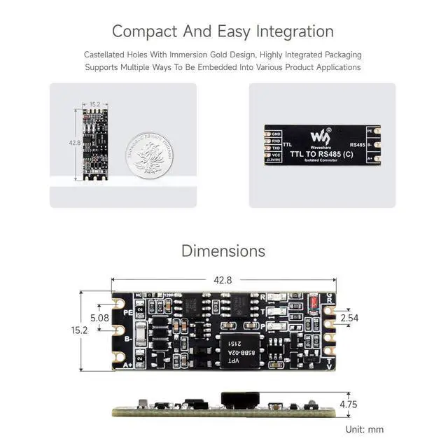 Alt view image 6 of 7 - TTL to RS485 (C) Galvanic Isolated Converter, Half-Duplex Communication, Lightningproof & Anti-Surge, Multi-Isolation Protection