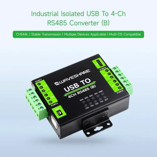 Alt view image 3 of 7 - Industrial Isolated USB to 4-Ch RS485 Converter (B), CH344L Chip, Multi Protection Circuits, Multi Systems Support, Aluminium Alloy Case, Wall-Mount & Rail-Mount Support