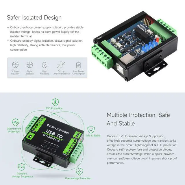 Alt view image 5 of 7 - Industrial Isolated USB to 4-Ch RS485 Converter (B), CH344L Chip, Multi Protection Circuits, Multi Systems Support, Aluminium Alloy Case, Wall-Mount & Rail-Mount Support