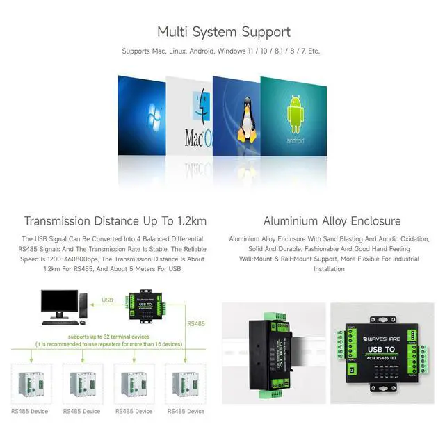 Alt view image 6 of 7 - Industrial Isolated USB to 4-Ch RS485 Converter (B), CH344L Chip, Multi Protection Circuits, Multi Systems Support, Aluminium Alloy Case, Wall-Mount & Rail-Mount Support