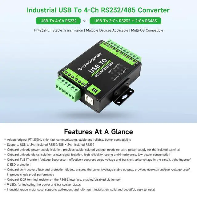 Alt view image 3 of 7 - Industrial Isolated USB to RS232/485 Converter, Original FT4232HL Chip, Supports USB to 2-Ch RS232 + 2-Ch RS232/485, Wall-Mount & Rail-Mount Support