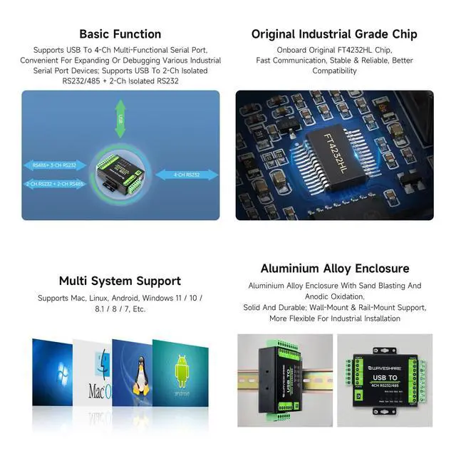 Alt view image 5 of 7 - Industrial Isolated USB to RS232/485 Converter, Original FT4232HL Chip, Supports USB to 2-Ch RS232 + 2-Ch RS232/485, Wall-Mount & Rail-Mount Support