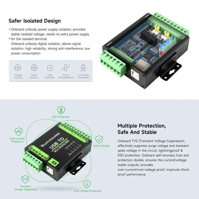 Alt view image 6 of 7 - Industrial Isolated USB to RS232/485 Converter, Original FT4232HL Chip, Supports USB to 2-Ch RS232 + 2-Ch RS232/485, Wall-Mount & Rail-Mount Support