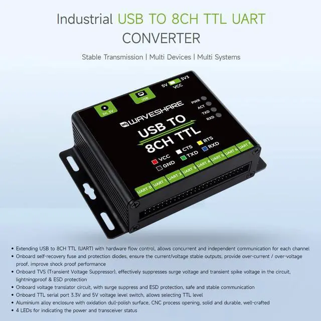 Alt view image 3 of 7 - Industrial USB to 8CH TTL Converter, USB to UART, Multi Protection Circuits, Multi Systems Support, USB to TTL Adapter