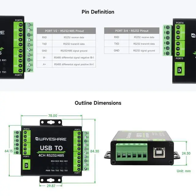 Alt view image 7 of 7 - Industrial Isolated USB to RS232/485 Converter, Original FT4232HL Chip, Supports USB to 2-Ch RS232 + 2-Ch RS232/485, Wall-Mount & Rail-Mount Support
