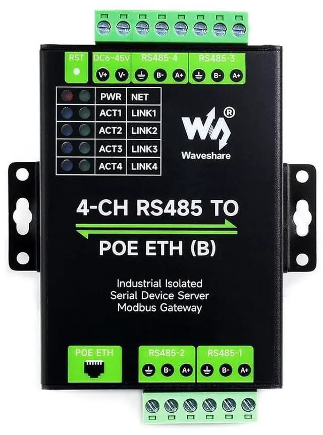 Main image of 4-Ch RS485 to RJ45 Ethernet Serial Server, 4 Channels RS485 Independent Operation, Rail-Mount Industrial Isolated Serial Module, Modbus Gateway, PoE Ethernet Port