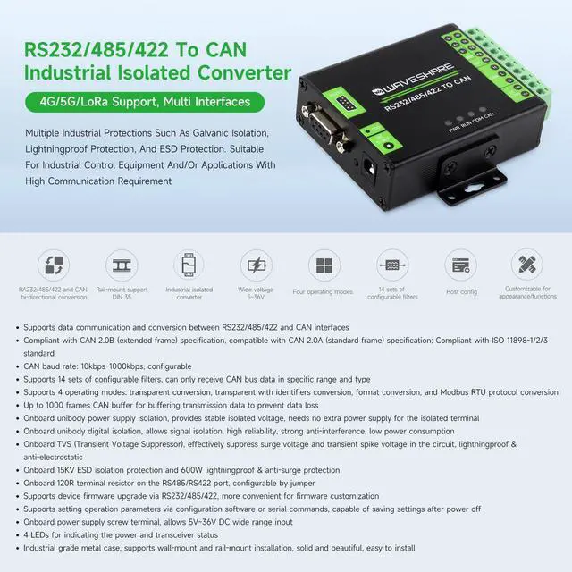 Alt view image 3 of 7 - RS232/485/422 to CAN Industrial Isolated Converter, Supports Modbus RTU Conversion, Multiple Protection Circuits