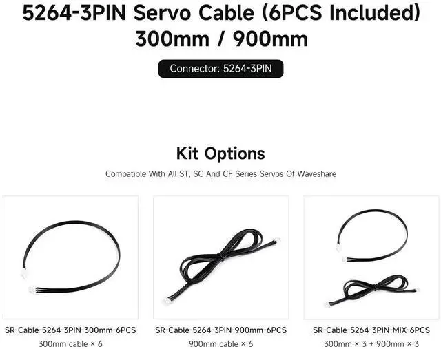 Alt view image 3 of 3 - 5264-3PIN Servo Cable (6PCS), Compatible with ST/SC/CF Series servos, 3PCS 300mm + 3PCS 900mm