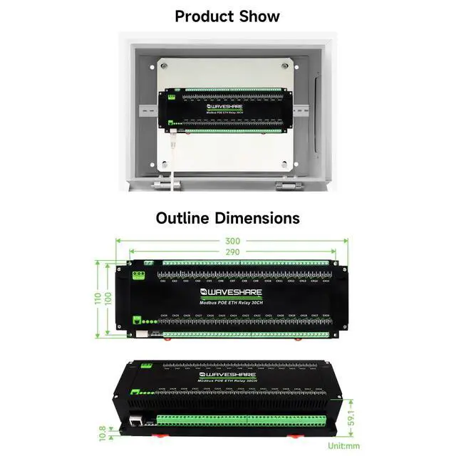 Alt view image 6 of 6 - 30-Ch Ethernet Relay Module, Modbus RTU/Modbus TCP Protocol, PoE Port Communication, with Various Isolation and Protection Circuits, Industrial Grade Rail-Mount Case