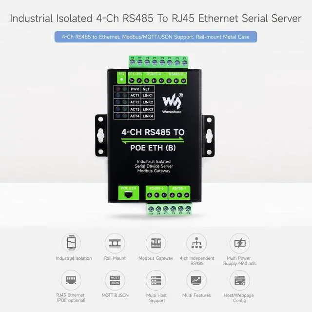 Alt view image 3 of 7 - 4-Ch RS485 to RJ45 Ethernet Serial Server, 4 Channels RS485 Independent Operation, Rail-Mount Industrial Isolated Serial Module, Modbus Gateway, PoE Ethernet Port