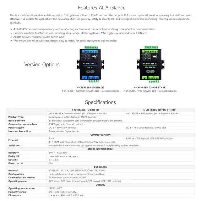 Alt view image 4 of 7 - 4-Ch RS485 to RJ45 Ethernet Serial Server, 4 Channels RS485 Independent Operation, Rail-Mount Industrial Isolated Serial Module, Modbus Gateway, PoE Ethernet Port