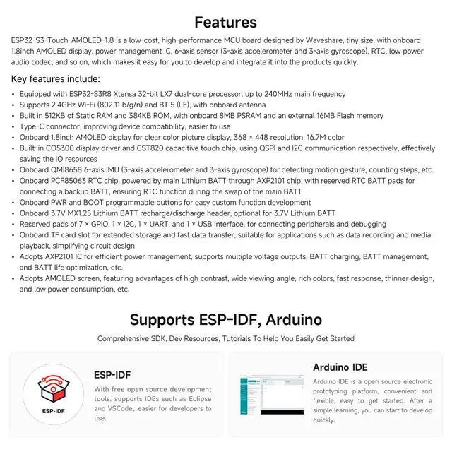 Alt view image 4 of 7 - ESP32-S3 1.8inch AMOLED Touch Display, Embedded with SH8601 Display Driver and FT3168 Capacitive Touch Chip, ESP32,32-bit LX7 Dual-core, 368×448 Pixels, Without Lithium Battery