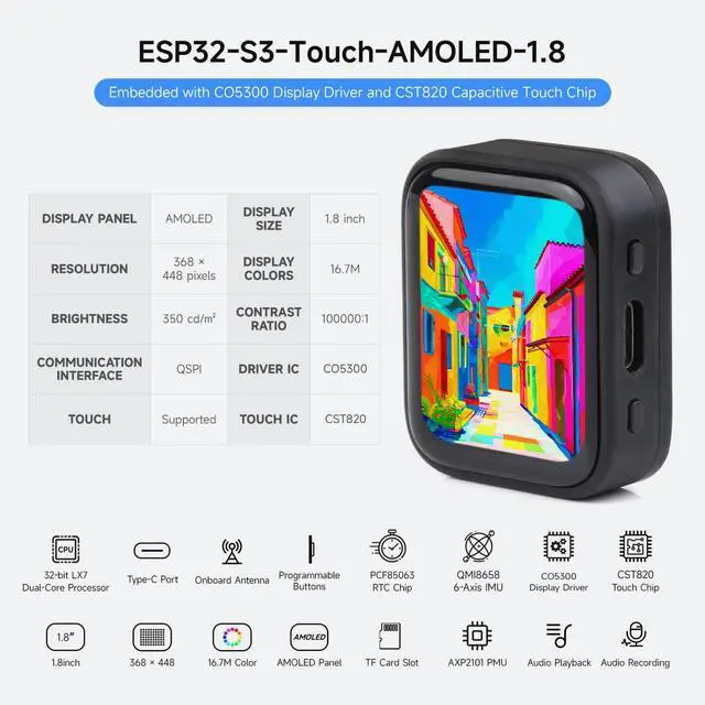 Alt view image 3 of 7 - ESP32-S3 1.8inch AMOLED Touch Display, Embedded with SH8601 Display Driver and FT3168 Capacitive Touch Chip, ESP32,32-bit LX7 Dual-core, 368×448 Pixels, Without Lithium Battery