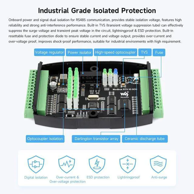 Alt view image 5 of 7 - Industrial 8-Ch Digital Input & Output Module, DC 7~36V Wide Voltage Power Supply, Modbus RTU Protocol, Multiple Isolation Protection Circuits, Rail-Mount Support