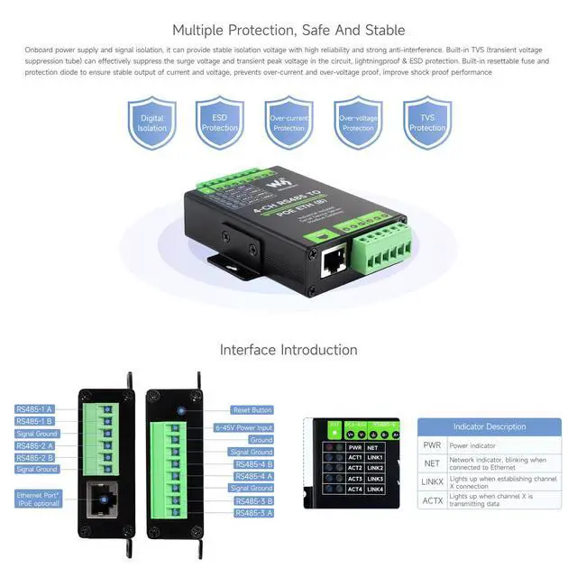 Alt view image 7 of 7 - 4-Ch RS485 to RJ45 Ethernet Serial Server, 4 Channels RS485 Independent Operation, Rail-Mount Industrial Isolated Serial Module, Modbus Gateway, PoE Ethernet Port