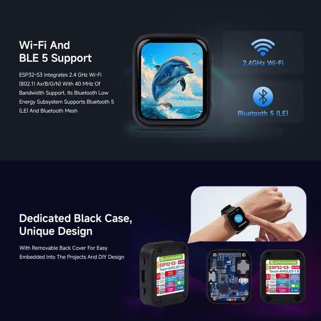 Alt view image 7 of 7 - ESP32-S3 1.8inch AMOLED Touch Display, Embedded with SH8601 Display Driver and FT3168 Capacitive Touch Chip, ESP32,32-bit LX7 Dual-core, 368×448 Pixels, Without Lithium Battery
