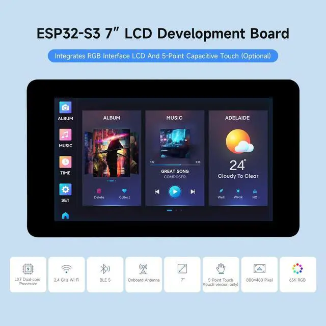 Alt view image 3 of 7 - 2PCS ESP32-S3 7inch Capacitive Touch LCD Development Board, ESP32 with Display, 800×480, 5-Point Touch, Up to 240MHz Frequency, Supports Wi-Fi & BLE, with Onboard Antenna