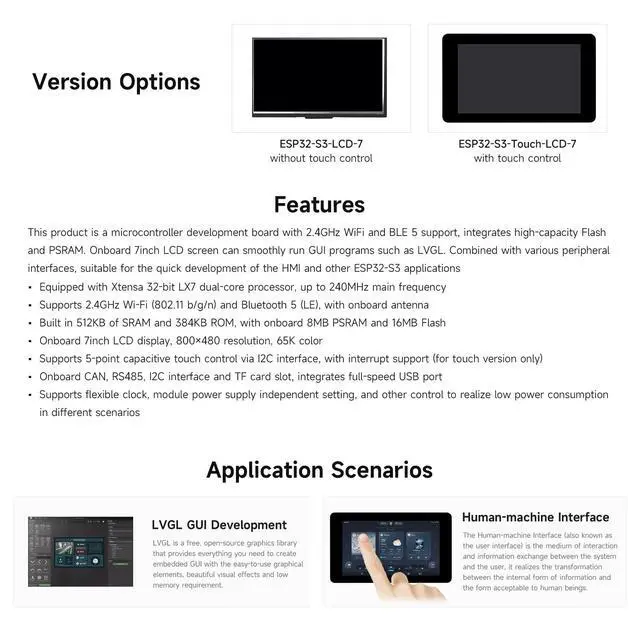 Alt view image 4 of 7 - 2PCS ESP32-S3 7inch Capacitive Touch LCD Development Board, ESP32 with Display, 800×480, 5-Point Touch, Up to 240MHz Frequency, Supports Wi-Fi & BLE, with Onboard Antenna