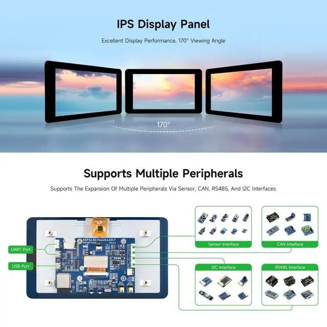 Alt view image 5 of 7 - 2PCS ESP32-S3 7inch Capacitive Touch LCD Development Board, ESP32 with Display, 800×480, 5-Point Touch, Up to 240MHz Frequency, Supports Wi-Fi & BLE, with Onboard Antenna