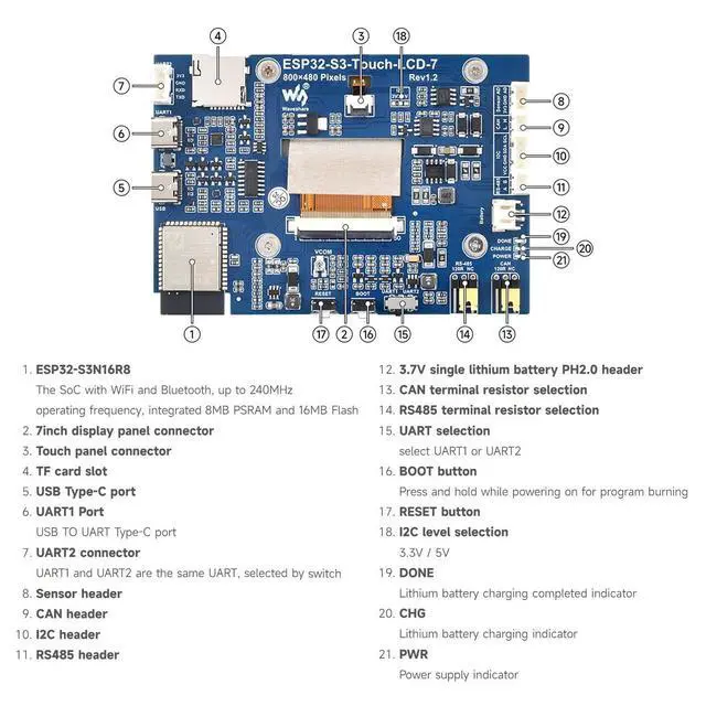 Alt view image 6 of 7 - 2PCS ESP32-S3 7inch Capacitive Touch LCD Development Board, ESP32 with Display, 800×480, 5-Point Touch, Up to 240MHz Frequency, Supports Wi-Fi & BLE, with Onboard Antenna