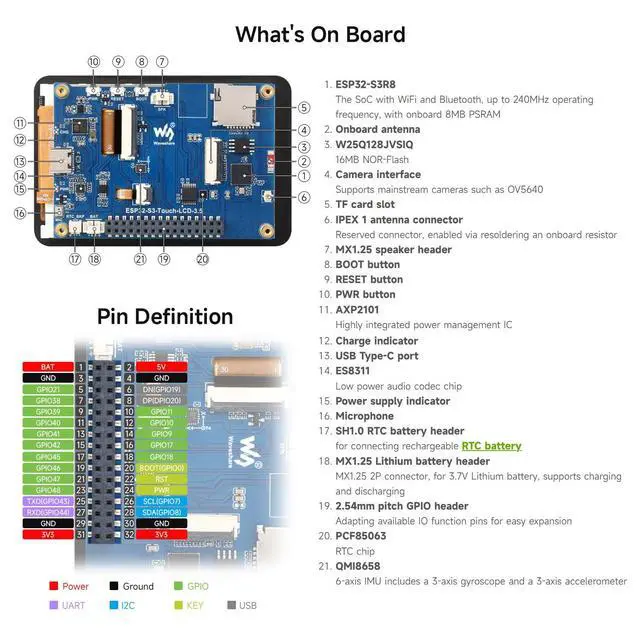 Alt view image 7 of 7 - ESP32-S3 3.5inch Capacitive Touch Display, 320x480 IPS, 262K Colors, Camera Interface, Supports Wi-Fi & Bluetooth 5, ESP32 Development Board with Display