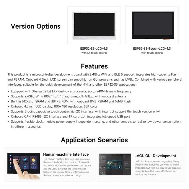 Alt view image 4 of 7 - ESP32-S3 4.3inch Capacitive Touch Display Development Board, 800×480, 5-Point Touch, 32-Bit LX7 Dual-Core Processor, Up to 240MHz Frequency, with Onboard Antenna
