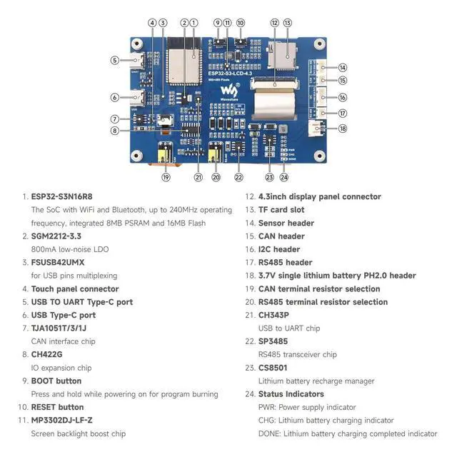 Alt view image 6 of 7 - ESP32-S3 4.3inch Capacitive Touch Display Development Board, 800×480, 5-Point Touch, 32-Bit LX7 Dual-Core Processor, Up to 240MHz Frequency, with Onboard Antenna