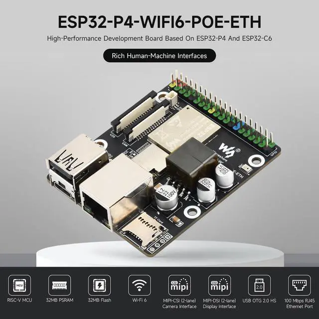 Alt view image 3 of 7 - ESP32-P4-WIFI6-POE-ETH High-Performance Development Board, Based On ESP32-P4 and ESP32-C6, Supports Wi-Fi 6 and BLT 5 (LE), PoE Module, Bundle with Speaker and Cables (5 Items)