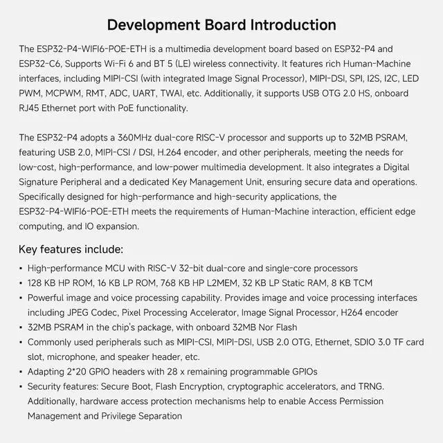 Alt view image 4 of 7 - ESP32-P4-WIFI6-POE-ETH High-Performance Development Board, Based On ESP32-P4 and ESP32-C6, Supports Wi-Fi 6 and BLT 5 (LE), PoE Module, Bundle with Speaker and Cables (5 Items)