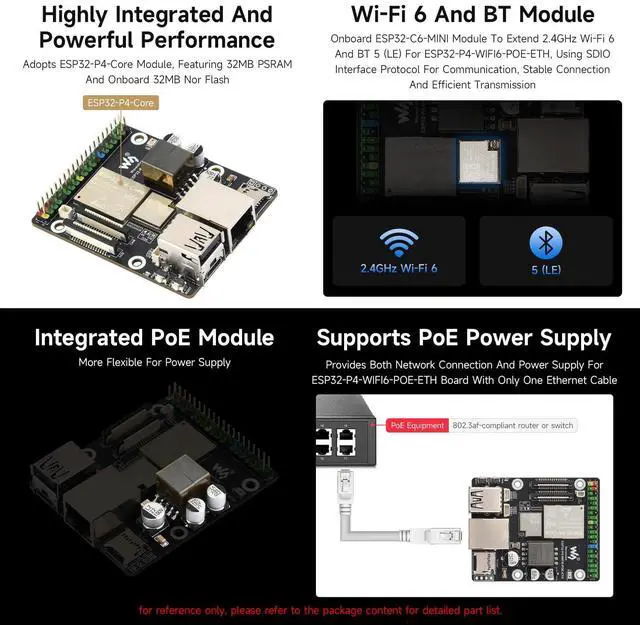 Alt view image 7 of 7 - ESP32-P4-WIFI6-POE-ETH High-Performance Development Board, Based On ESP32-P4 and ESP32-C6, Supports Wi-Fi 6 and BLT 5 (LE), PoE Module, Bundle with Speaker and Cables (5 Items)
