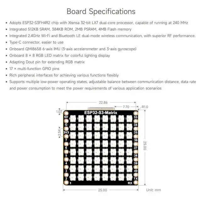 Alt view image 4 of 7 - ESP32-S3-Matrix Development Board, Onboard 8×8 RGB LED Matrix and QMI8658 Attitude Sensor, Supports Wi-Fi and Bluetooth LE, ESP32 Development Board