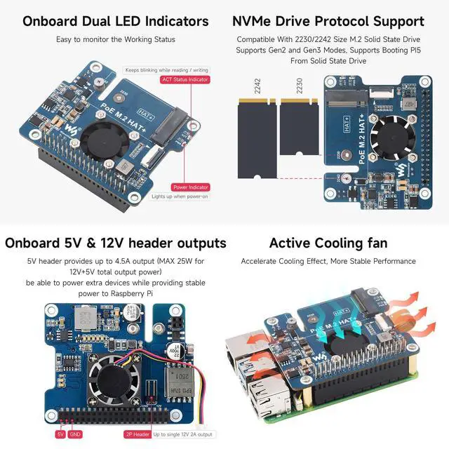 Alt view image 6 of 7 - NVME PCIe to M.2 Adapter with PoE Function for RPI, Compatible with 5, Supports NVMe Protocol M.2 Solid State Drive 2230/2242, Supports 802.3af/at, with Cooling Fan