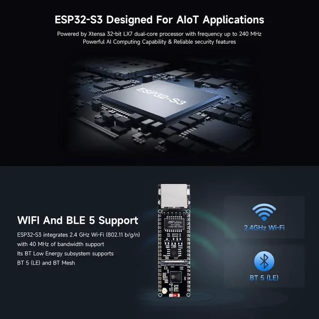 Alt view image 5 of 7 - ESP32-S3 ETH Development Board Microcontroller, 10/100Mbps RJ45 Ethernet Port, W-F & BT Support, 240MHz Dual Core Processor, Onboard Type-C Port and TF Card Slot, OV2640 Camera+PoE Module