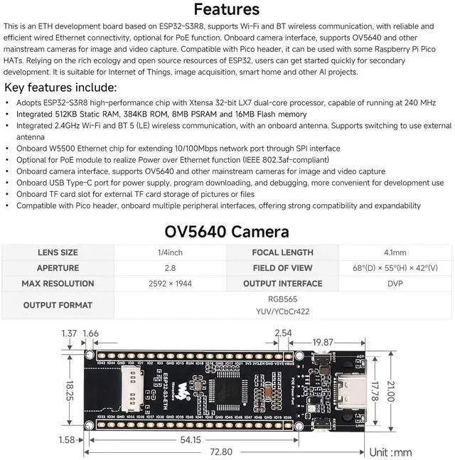 Alt view image 4 of 7 - ESP32-S3 ETH Dev Board, with Pre-soldered Headers, OV5640 Camera
