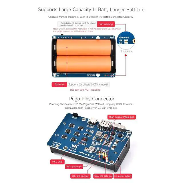 Alt view image 6 of 7 - UPS HAT (D) for , Supports 21700 Li Battery (NOT Included), 5V Uninterruptible Power Supply, Pogo Pins Connector, Supports Charging and Power Output At The Same Time