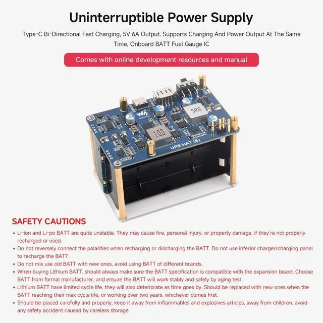 Alt view image 3 of 7 - UPS HAT (E), Compatible with 5/4B/3B+, Bi-Directional Fast Charging, 5V 6A Output, Pogo Pins Connector