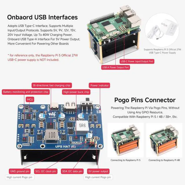 Alt view image 6 of 7 - UPS HAT (E), Compatible with 5/4B/3B+, Bi-Directional Fast Charging, 5V 6A Output, Pogo Pins Connector