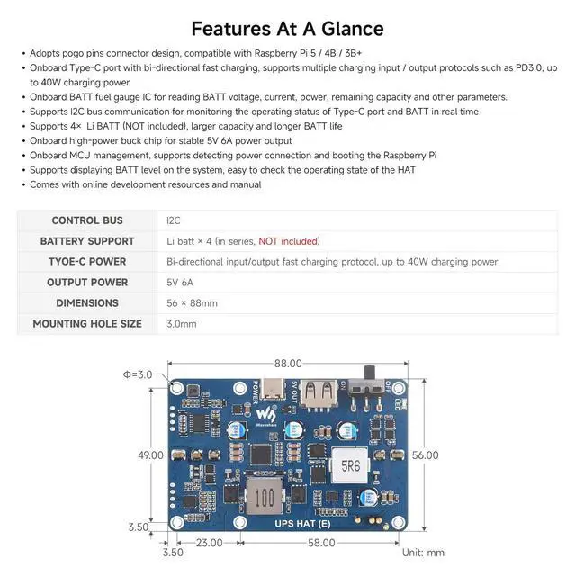 Alt view image 4 of 7 - UPS HAT (E), Compatible with 5/4B/3B+, Bi-Directional Fast Charging, 5V 6A Output, Pogo Pins Connector