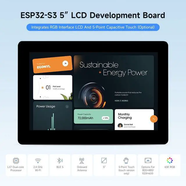 Alt view image 3 of 7 - ESP32-S3 5inch Capacitive Touch Display Development Board, 5-Point Touch, 32-Bit LX7 Dual-Core Processor, Support Wi-fi & BLE, with Onboard Antenna, 800×480 Display Resolution
