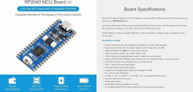 Alt view image 2 of 5 - RP2040-Plus, A Low-Cost, High-Performance Pico-Like MCU Board Based On Microcontroller RP2040 4MB with Pre-soldered Header