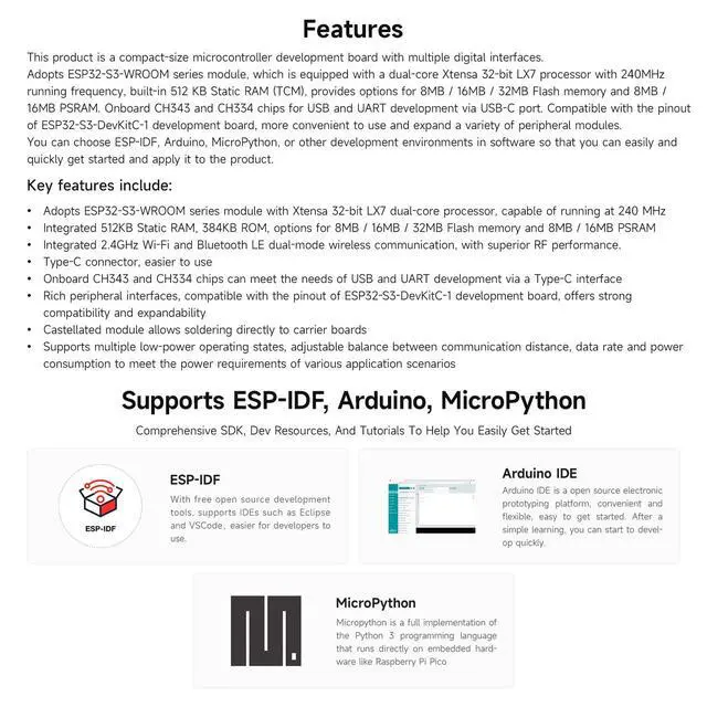 Alt view image 4 of 7 - 2PCS ESP32-S3 Microcontroller, 2.4GHz Wi-Fi Development Board, 240MHz Dual Core Processor, ESP32-S3-WROOM-1 Module, 16MB Flash, with Pre-soldered Header