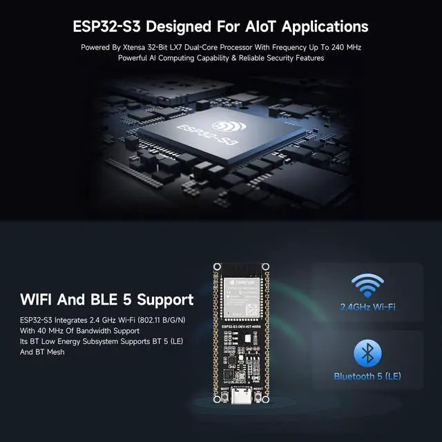 Alt view image 5 of 7 - 2PCS ESP32-S3 Microcontroller, 2.4GHz Wi-Fi Development Board, 240MHz Dual Core Processor, ESP32-S3-WROOM-1 Module, 16MB Flash, with Pre-soldered Header